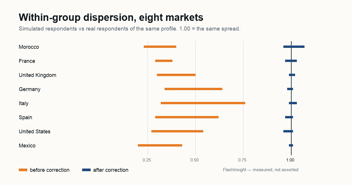 How much simulated respondents disagree with each other, before and after correction, across eight markets, measured against national surveys.