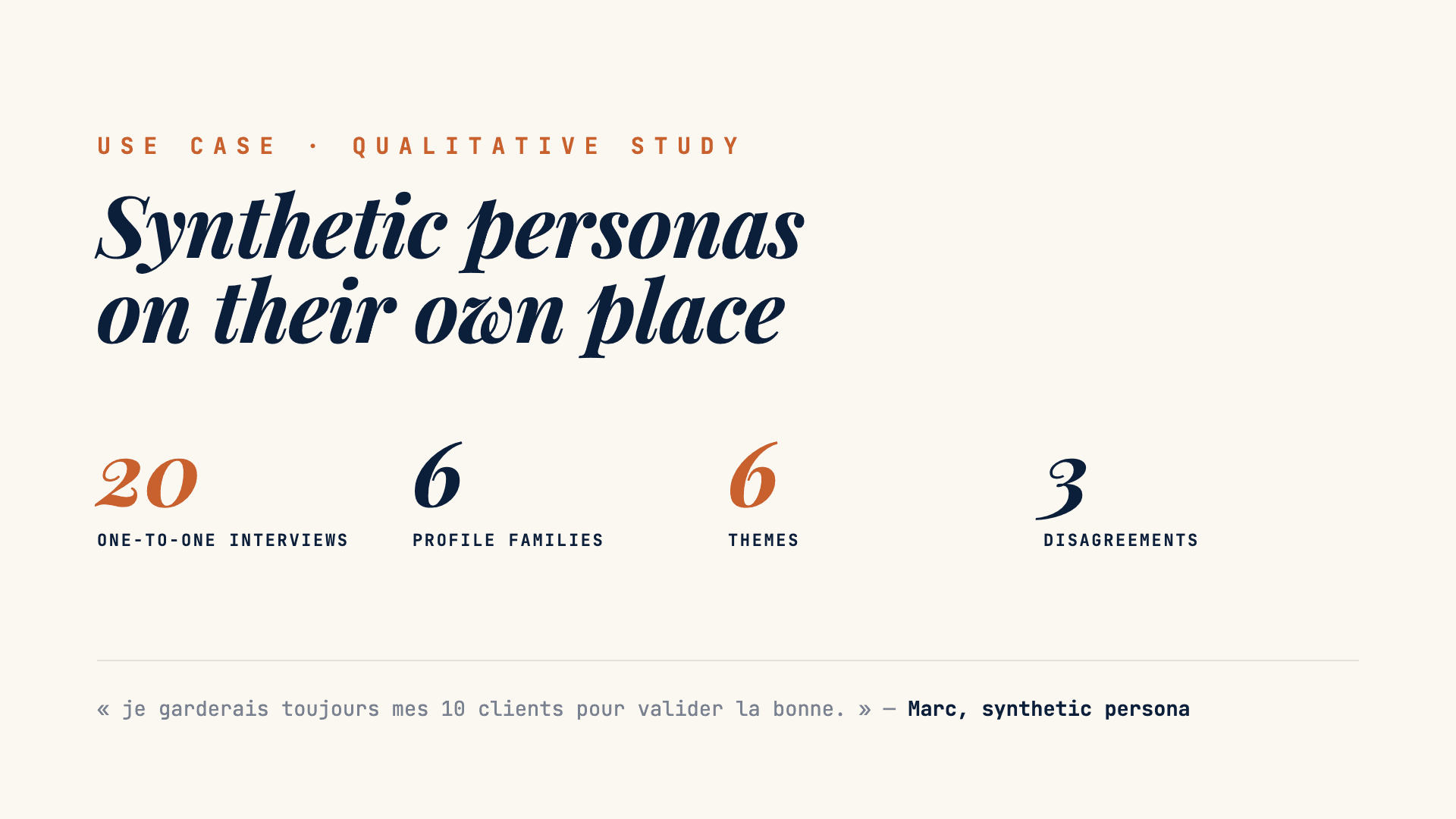Use case: twenty one-to-one interviews with synthetic personas, six profile families, six themes, three disagreements.