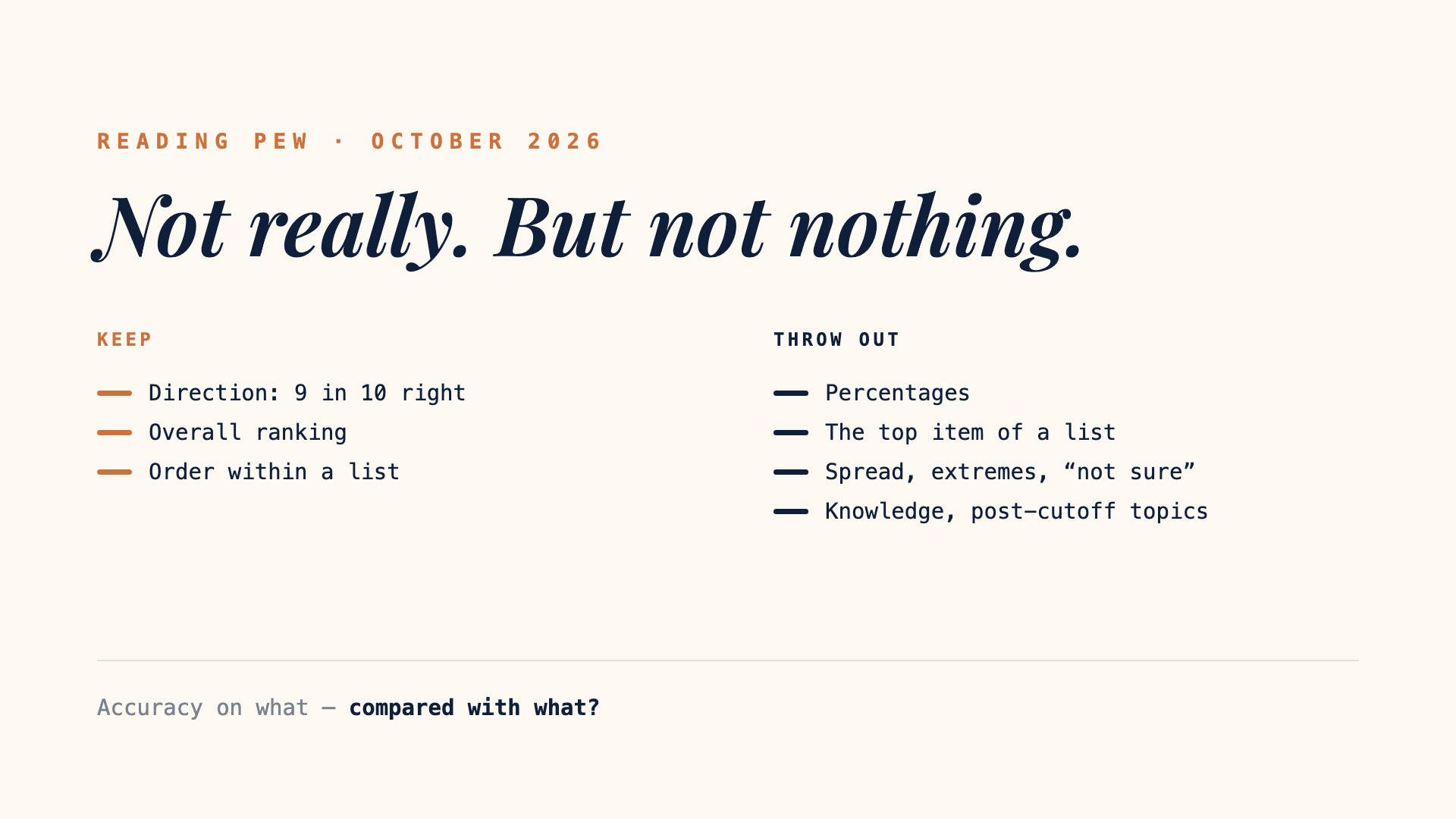 Reading Pew: not really, but not nothing. Keep direction, overall ranking and order within a list. Throw out percentages, the top item, spread and knowledge questions.