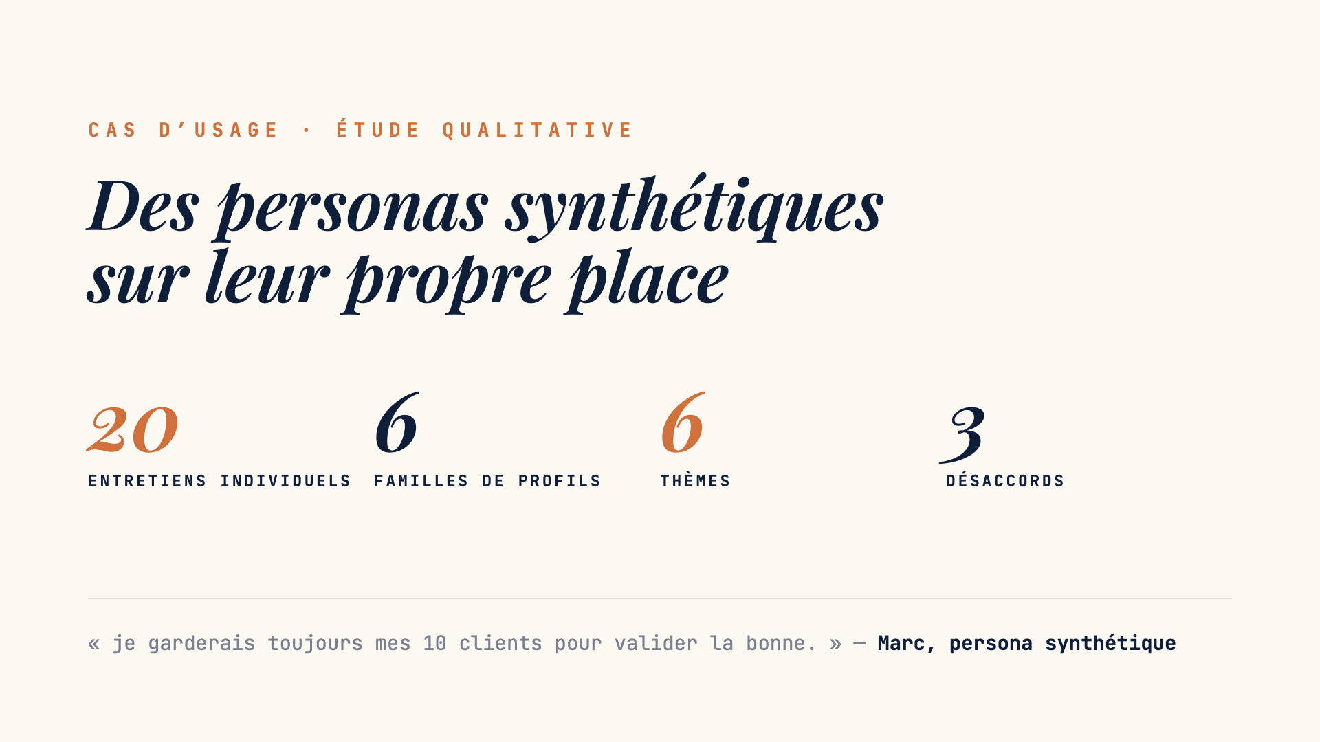 Cas d’usage FlashInsight : vingt entretiens individuels, six familles de profils, six thèmes, trois désaccords, un entretien publié en entier.