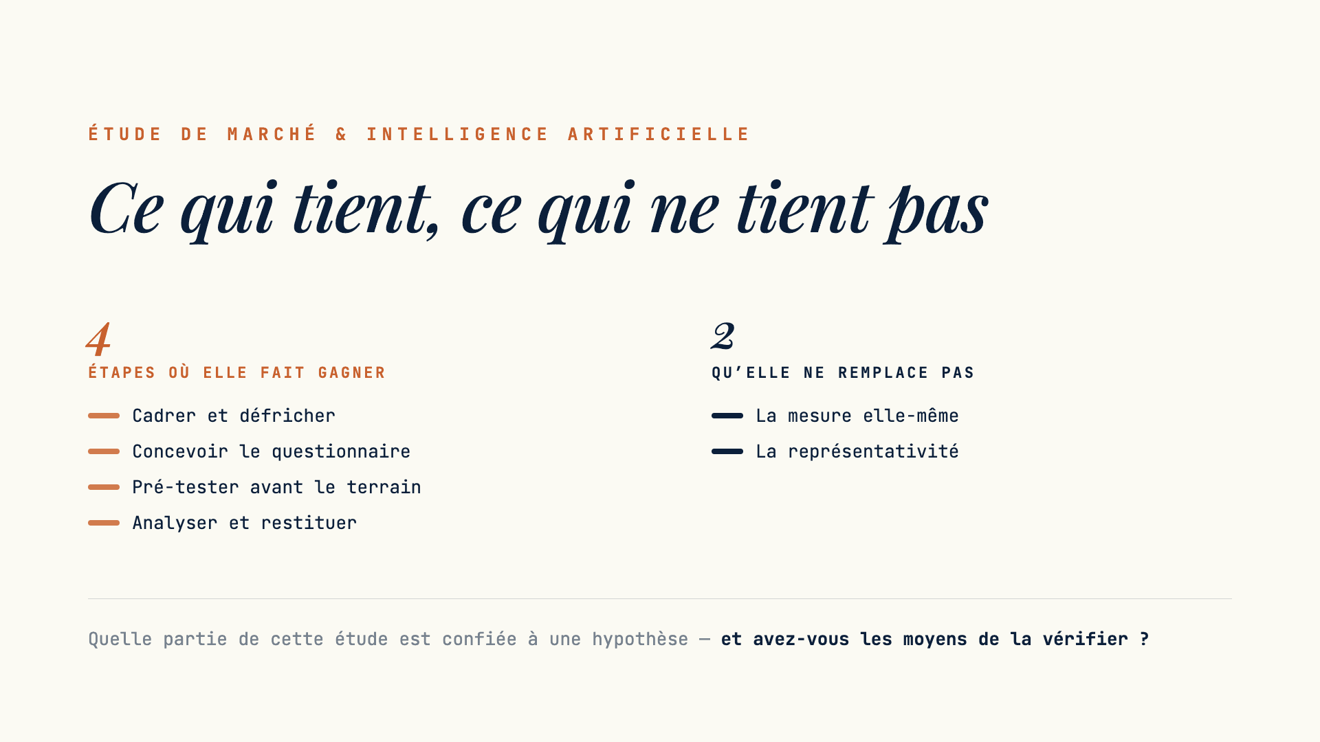 Dans une étude de marché, l’IA est utile pour cadrer, concevoir, pré-tester et analyser ; elle ne remplace ni la mesure ni la représentativité.