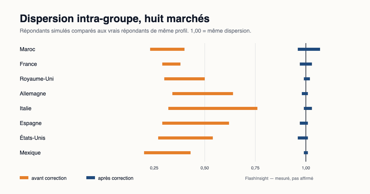 Dispersion intra-groupe des répondants simulés comparée aux vrais répondants, avant et après correction, dans huit marchés.