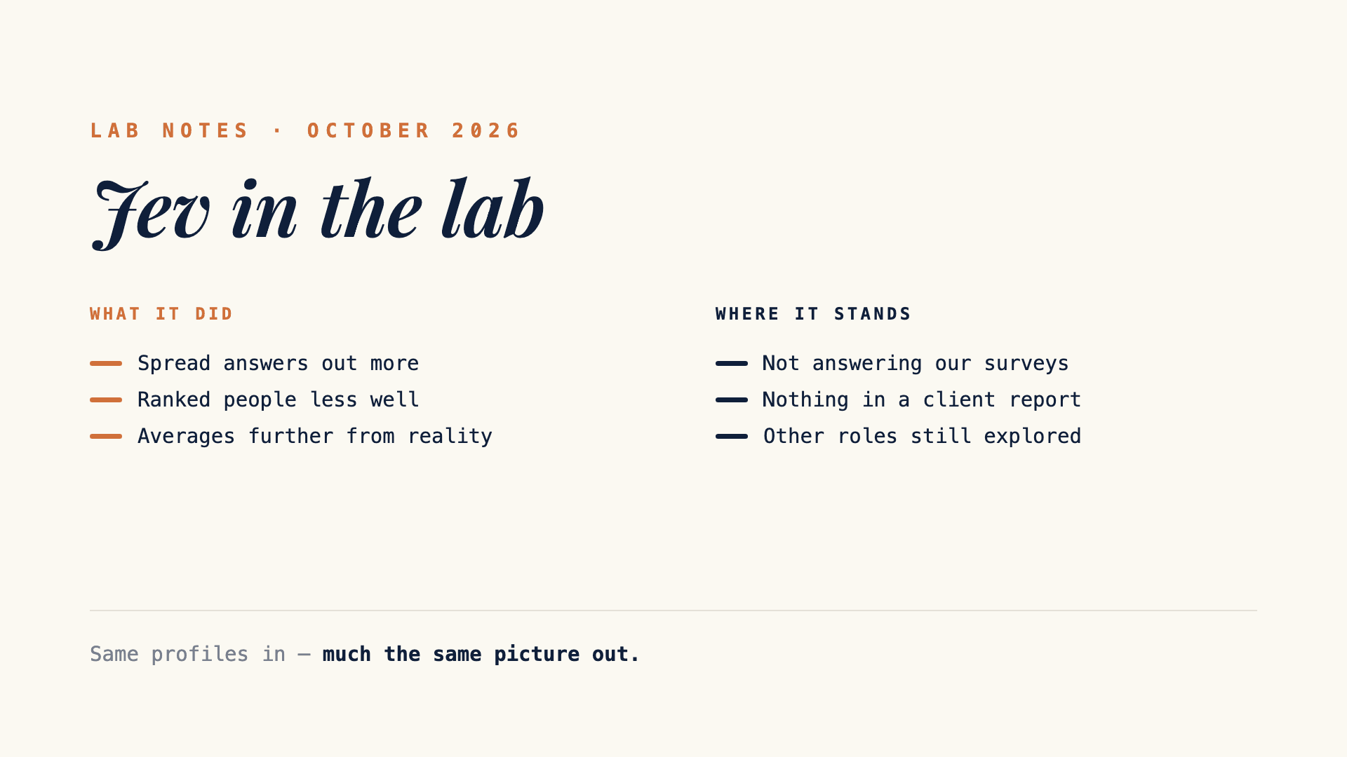 Lab notes: Jev, a decision model, tested as a synthetic respondent. It spreads answers more; it does not rank people better. Not used in client work.