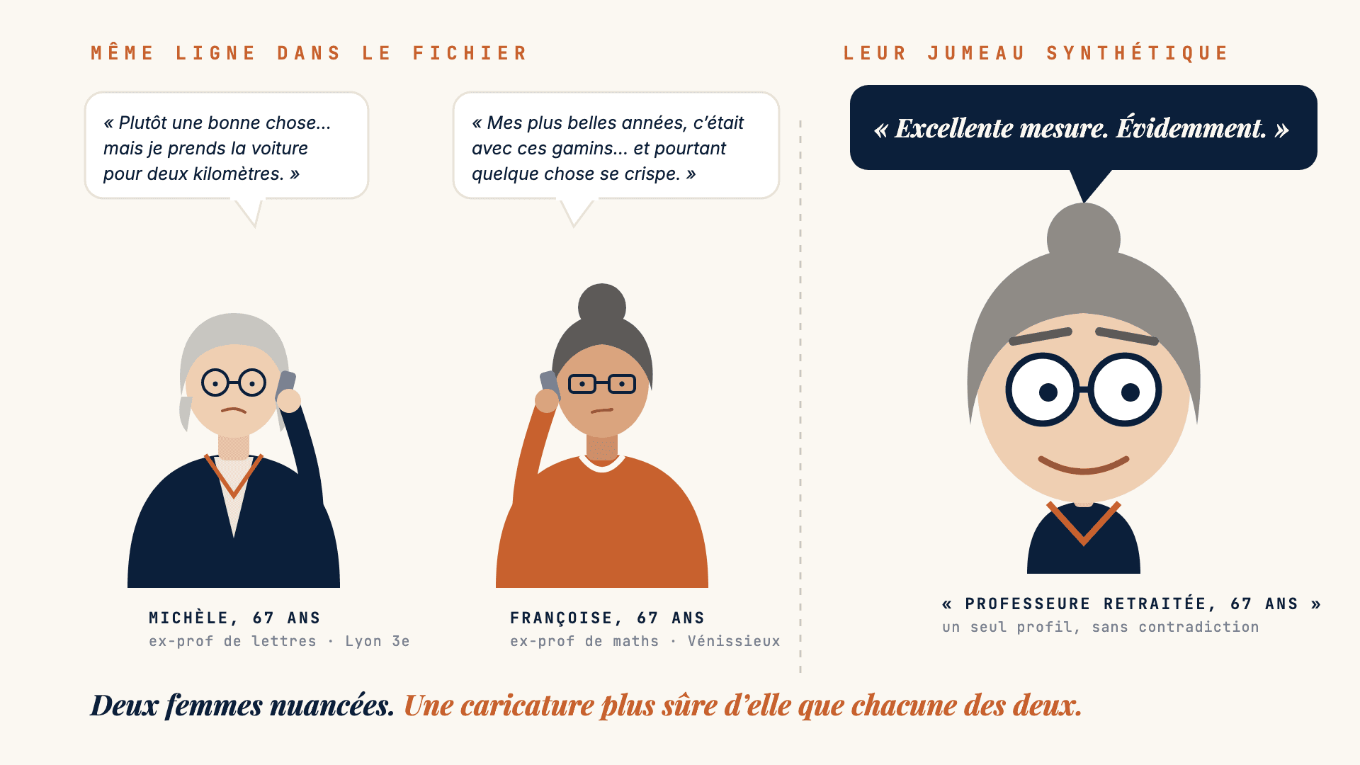 Illustration : Michèle et Françoise, deux professeures retraitées au même profil, chacune avec une pensée nuancée, face à leur jumeau synthétique dessiné en caricature, plus sûr de lui que chacune des deux.
